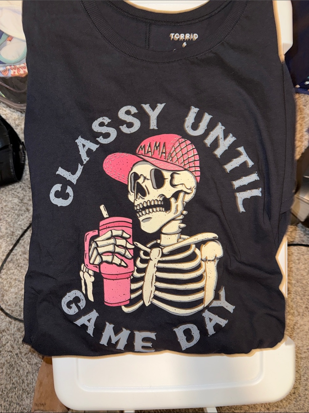 torrid Black Tee with Pink & Cream Skeleton Graphic